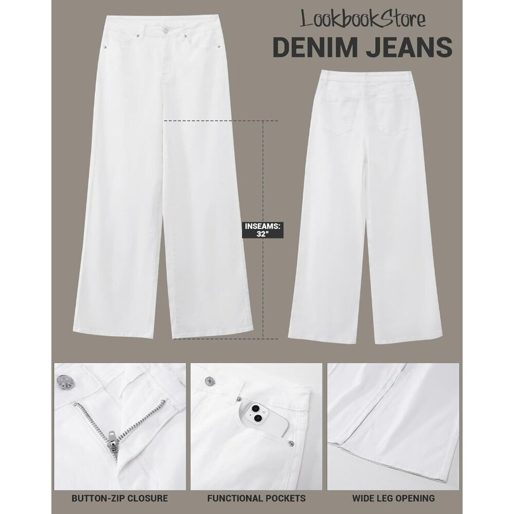 Women’s Wide Leg High Waisted Stretch Denim Jeans Pockets Casual Pants - Picture 5 of 6